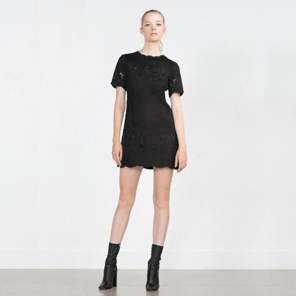 2/$30 ZARA Embroidered Faux Suede Tunic Dress M Black Scalloped Meshed #5213 - Picture 3 of 15
